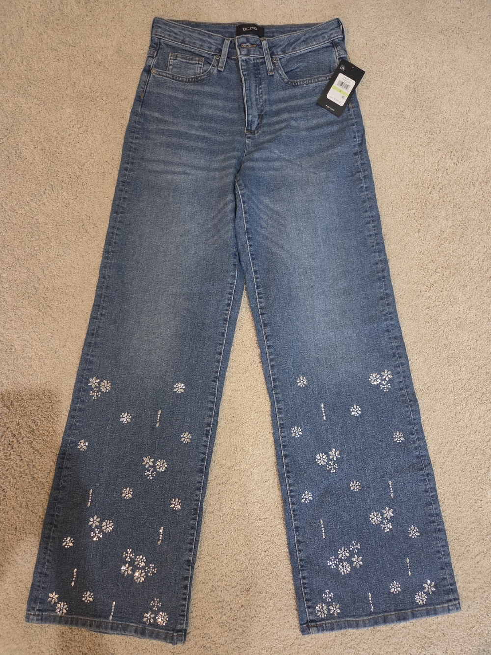 Bcbg Womens Size 4 High Rise Embellised Jeans. Wide Leg.NWT.